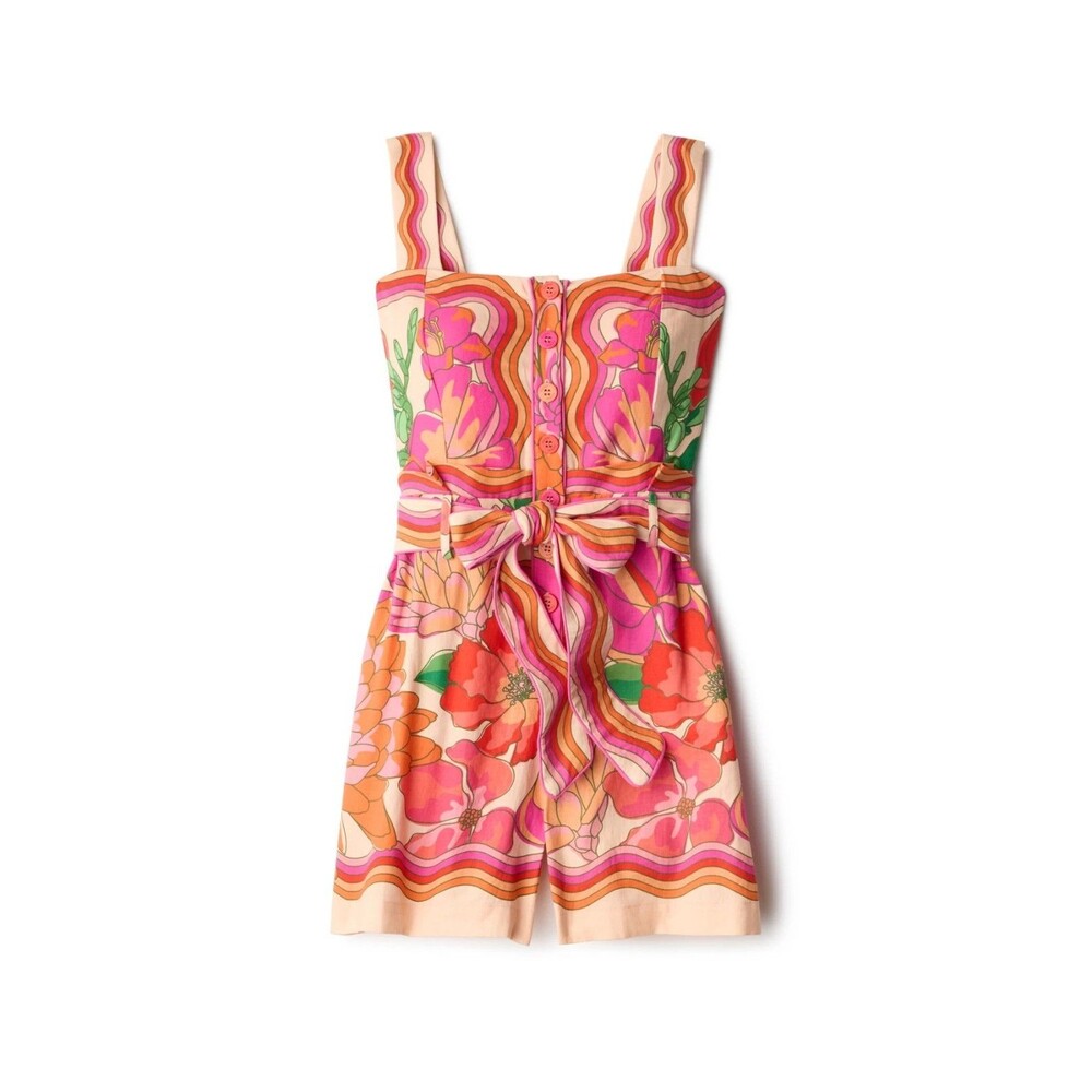 Farm Rio Spring Affair Linen-Blend Floral Belted Square-Neck Romper M Resort